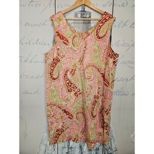 Studio C Plus Tank Dress 20W Pink Green Paisley V-Neck Sleeveless Cotton Stretch